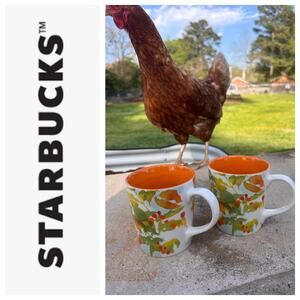Starbucks Coffee Mugs Set of 2 Orange Interior Autumn Berry Leaf‎ Design 14oz